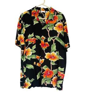 ASOS Design Shirt Men 2XL Black Yellow Orange Floral Hawaiian Button Up Tropical